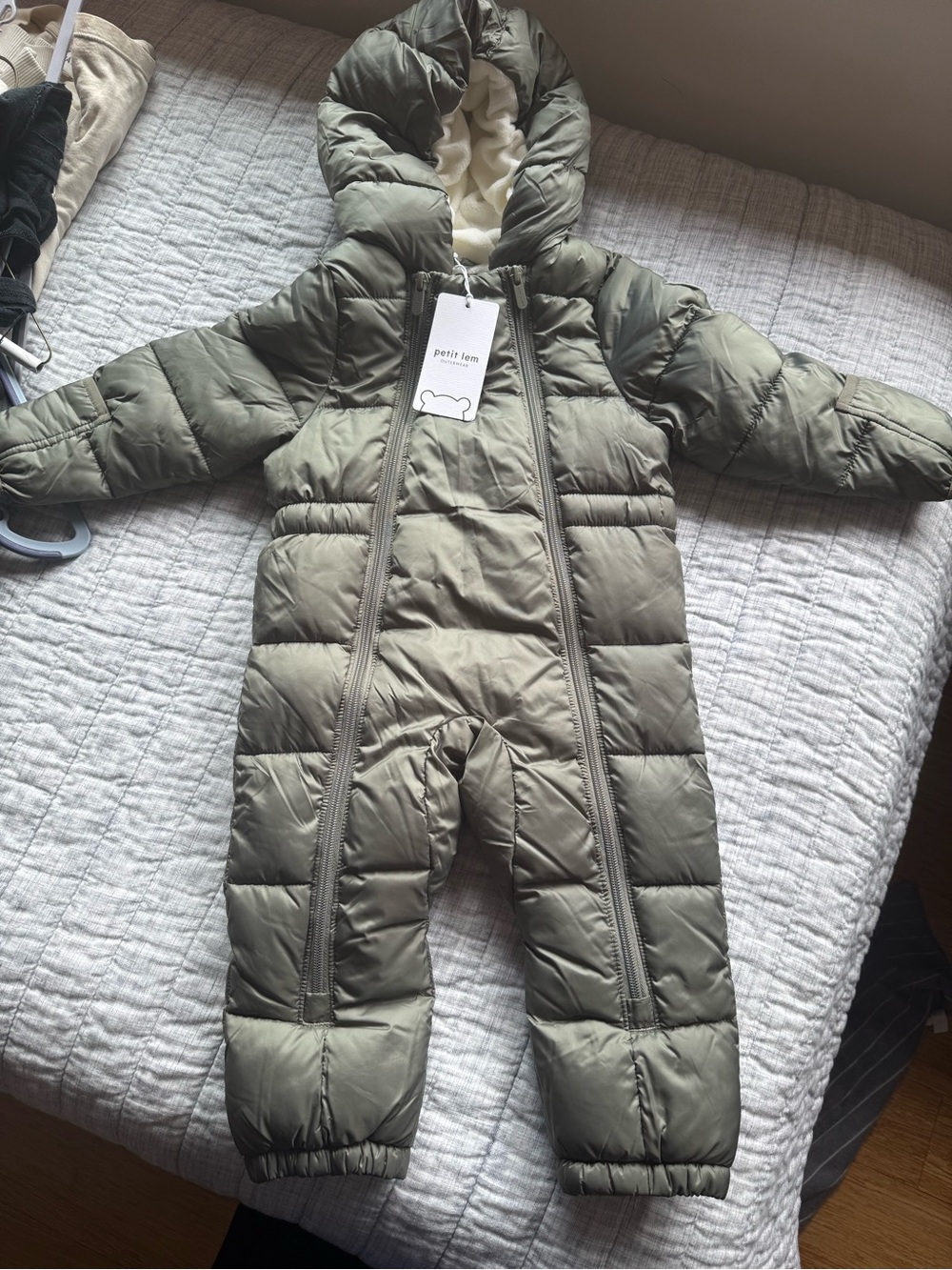 Petit Lem Olive Green Puffer Baby Snowsuit with Hood